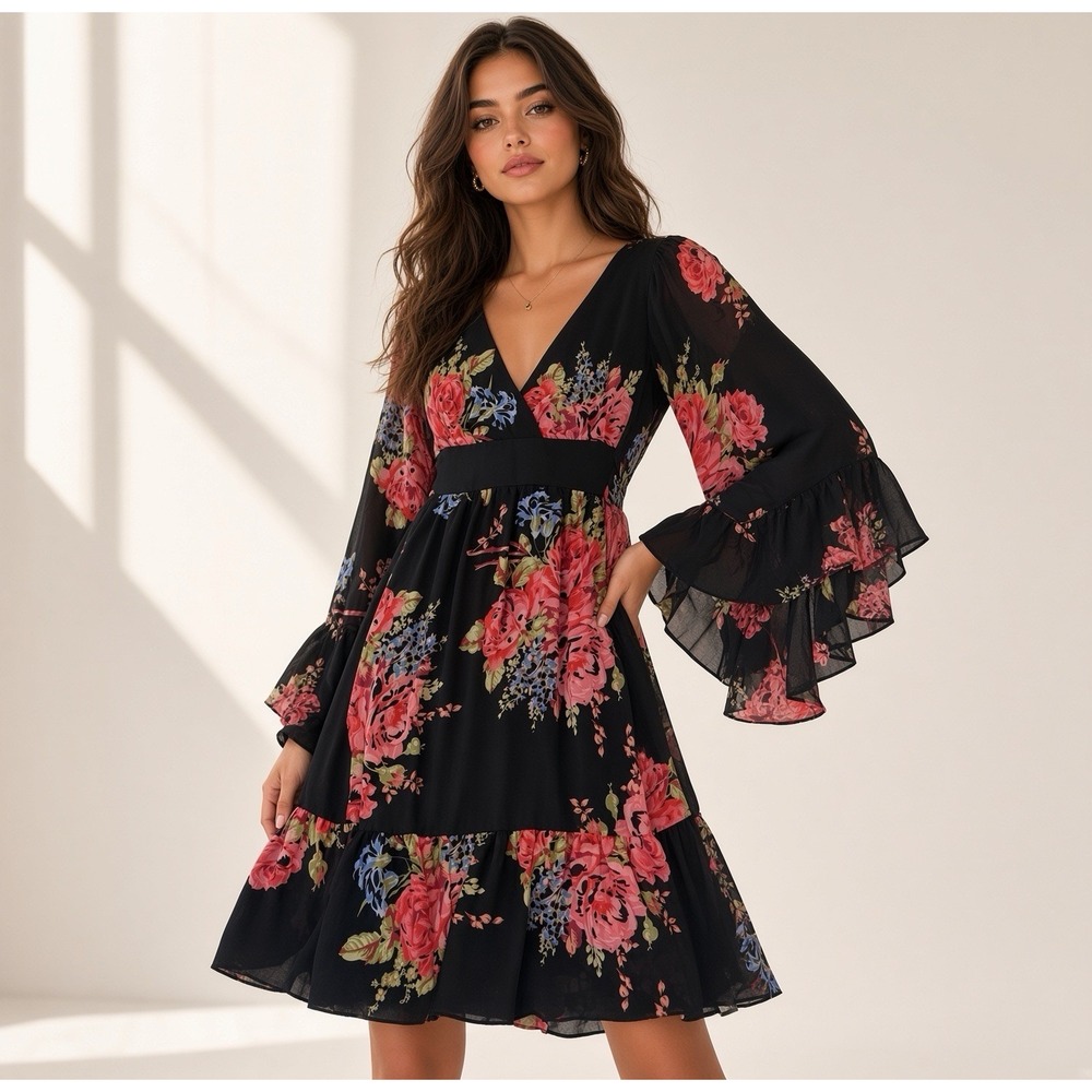 Betsey Johnson Black Floral Ruffle Flared Bell Long Sleeve V-Neck Dress Womens 8